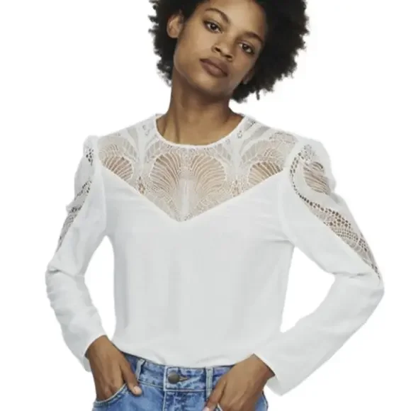 Maje Paris Leana Lace Insert Long Sleeve Off-White Silk Shirt - Picture 1 of 10